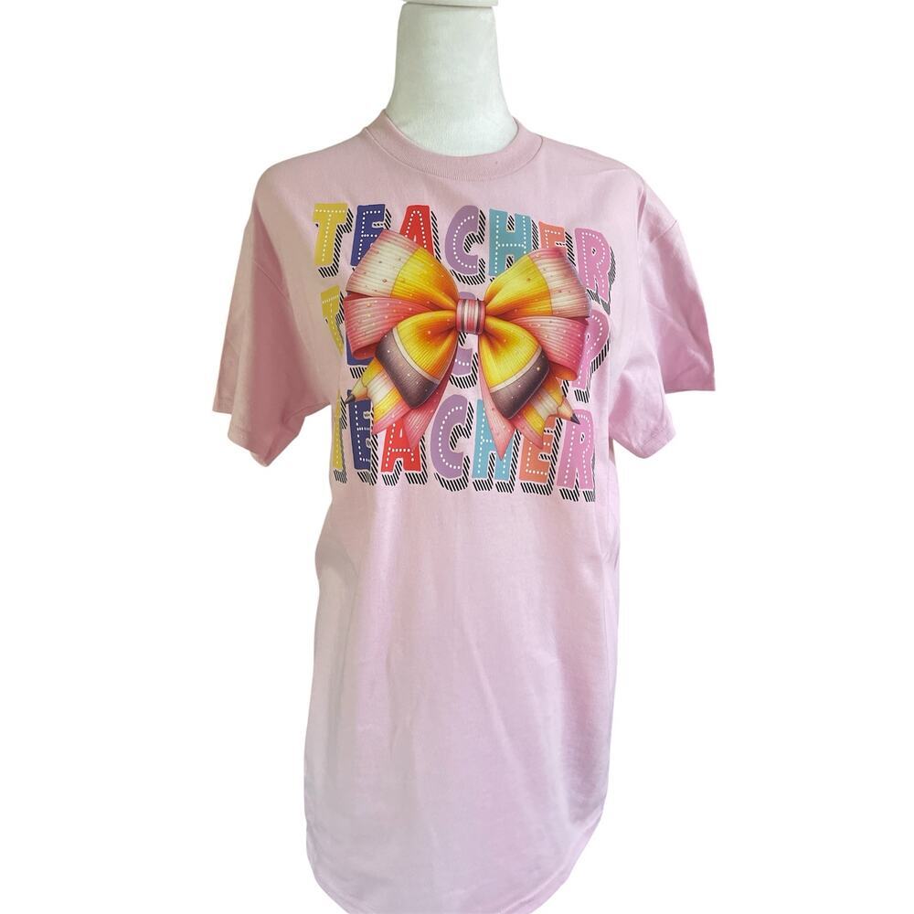NWT Gildan  Adult  Medium Pink Short‎ Sleeve With DTF Teacher Bow